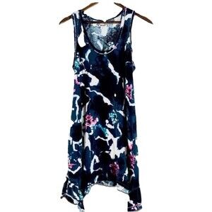 DKNY Dress Asymmetrical Ruffle Cut Size Medium Pockets Sleeveless Blue Pink